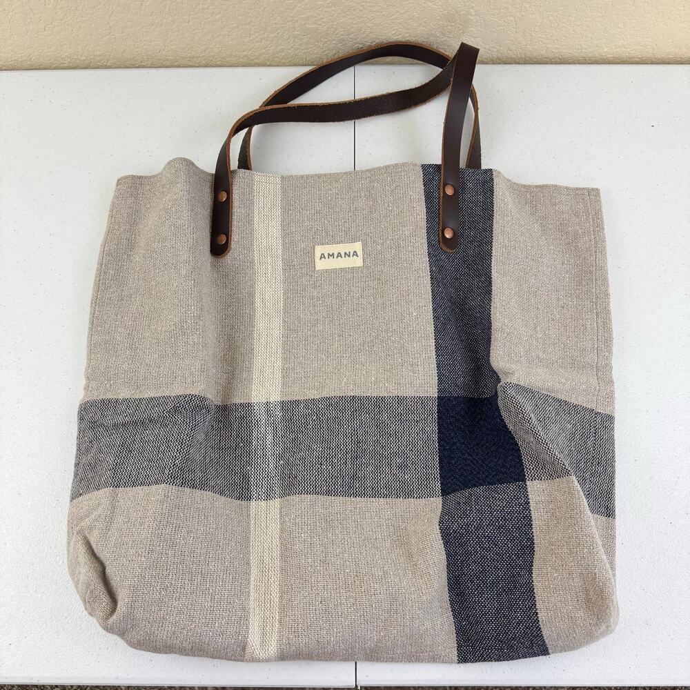 Amana Cotton Shoulder Tote Bag Plaid Print Rustic Bohemian Tote USA Iowa